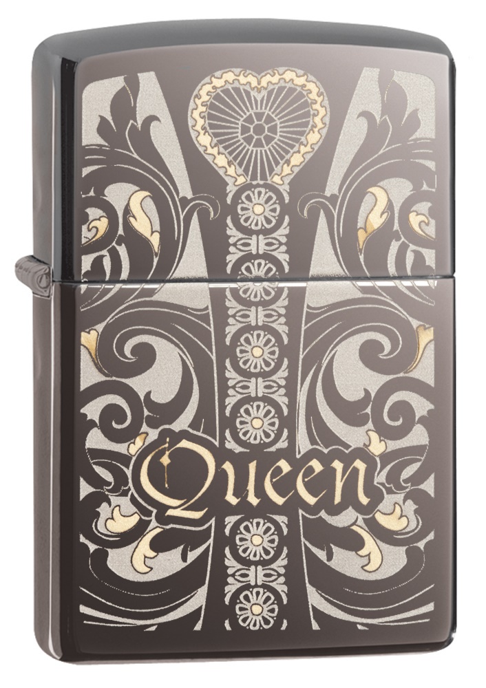 Front shot of Zippo Bejeweled Beetle Design High Polish Brass Windproof Lighter standing at a 3/4 angle.