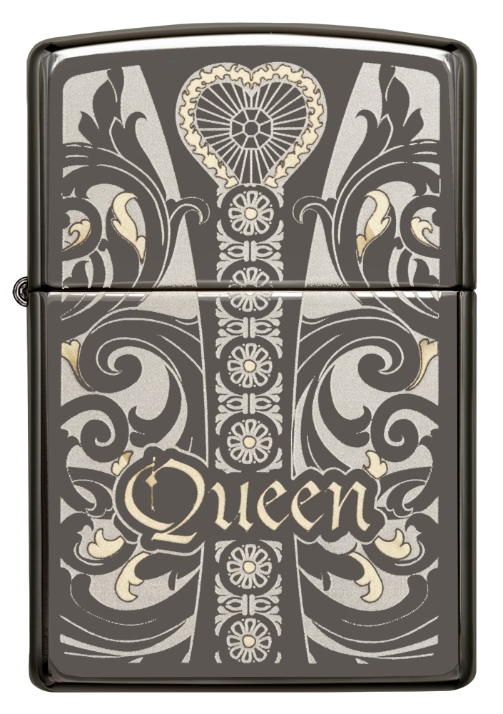 Front shot of Zippo Bejeweled Beetle Design High Polish Brass Windproof Lighter standing at a 3/4 angle.