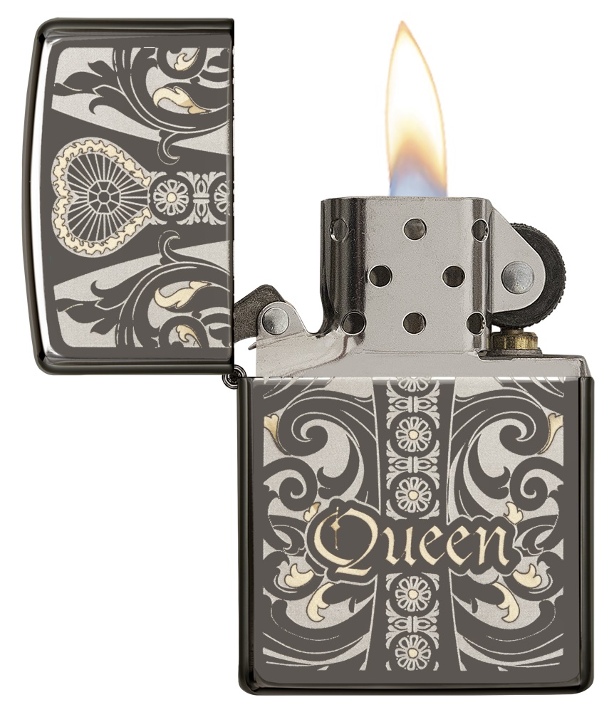 Front shot of Zippo Bejeweled Beetle Design High Polish Brass Windproof Lighter standing at a 3/4 angle.