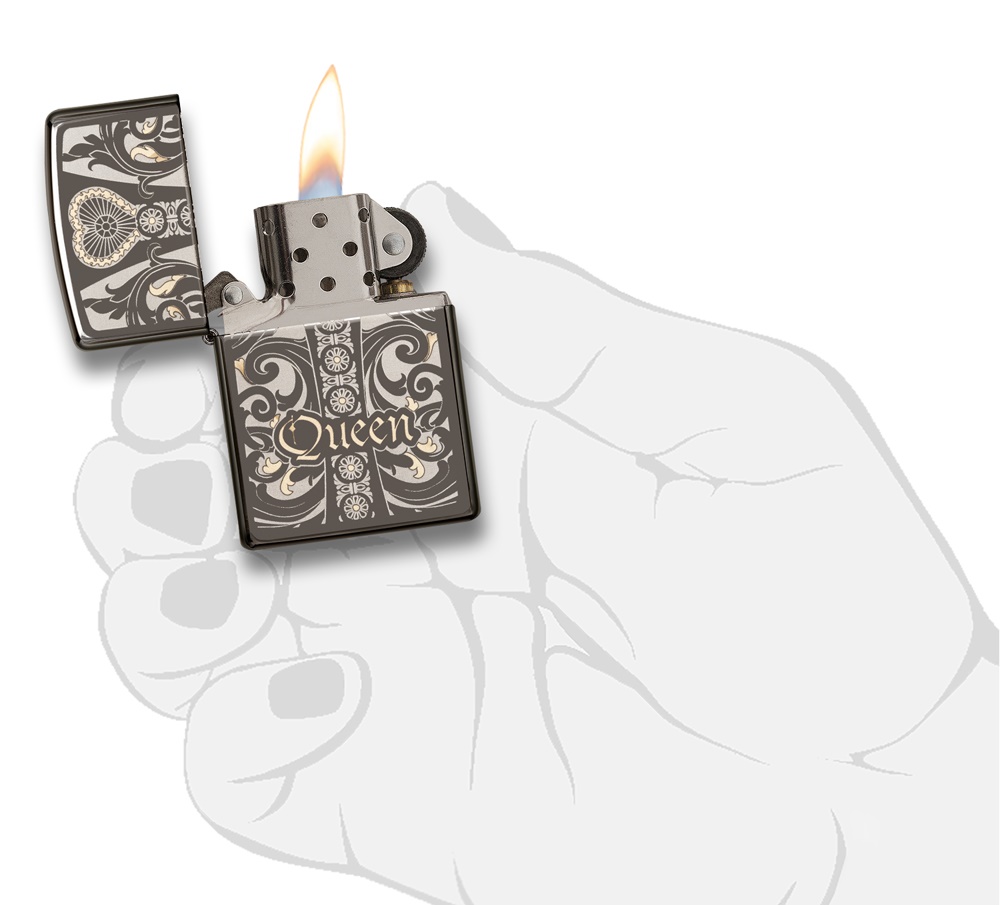 Front shot of Zippo Bejeweled Beetle Design High Polish Brass Windproof Lighter standing at a 3/4 angle.