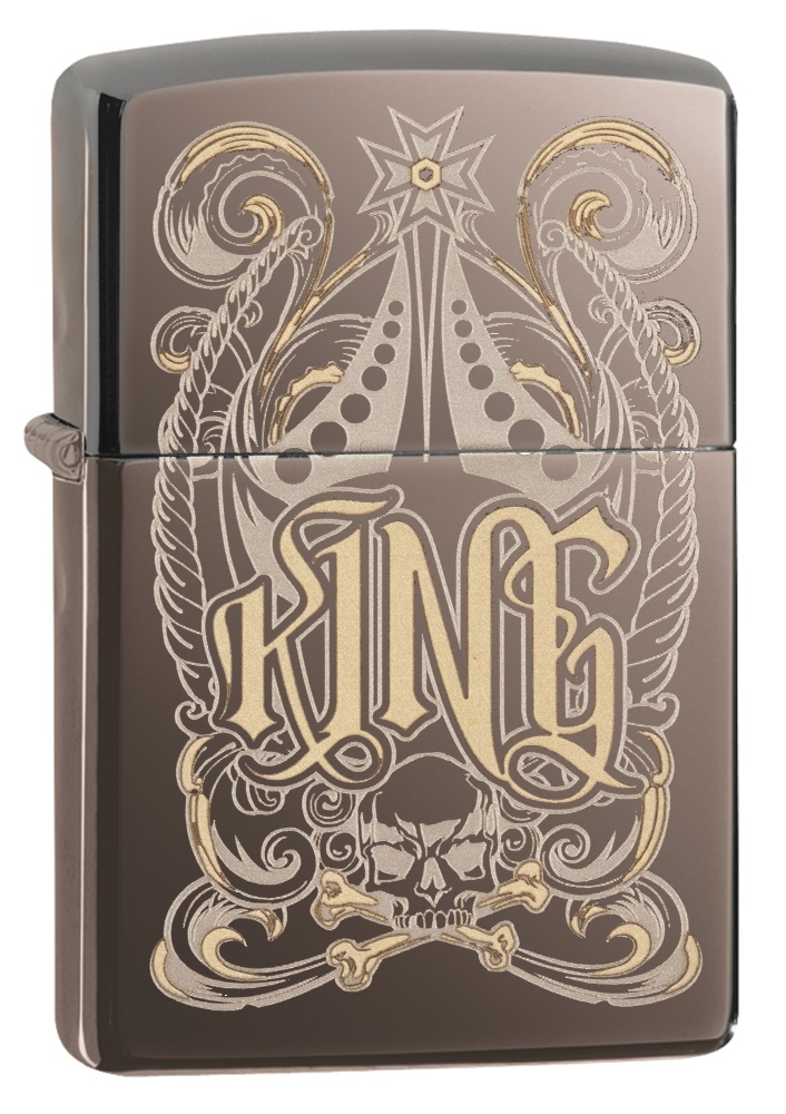 Front shot of Zippo Bejeweled Beetle Design High Polish Brass Windproof Lighter standing at a 3/4 angle.