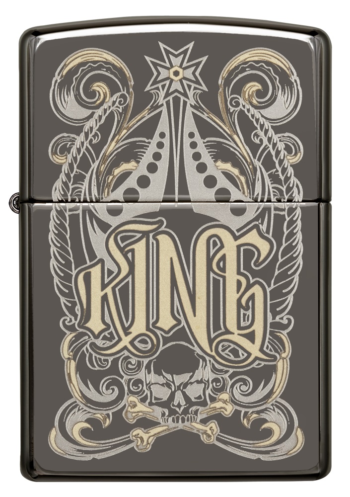 Front shot of Zippo Bejeweled Beetle Design High Polish Brass Windproof Lighter standing at a 3/4 angle.