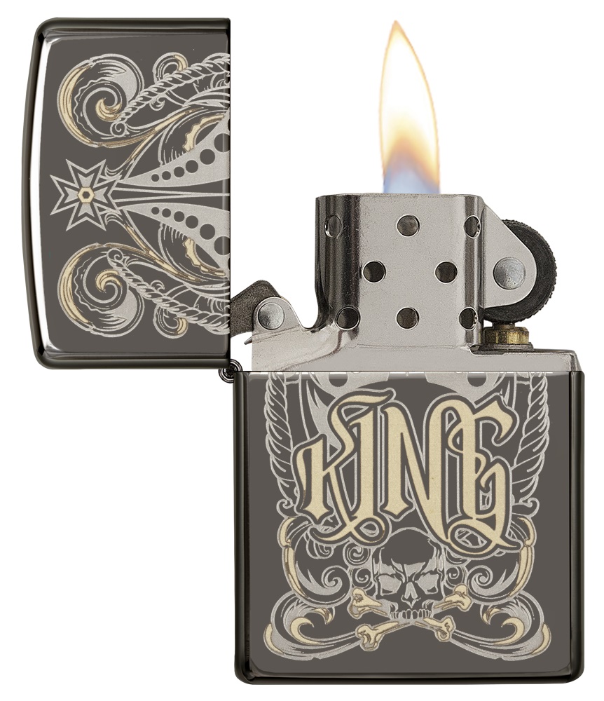 Front shot of Zippo Bejeweled Beetle Design High Polish Brass Windproof Lighter standing at a 3/4 angle.