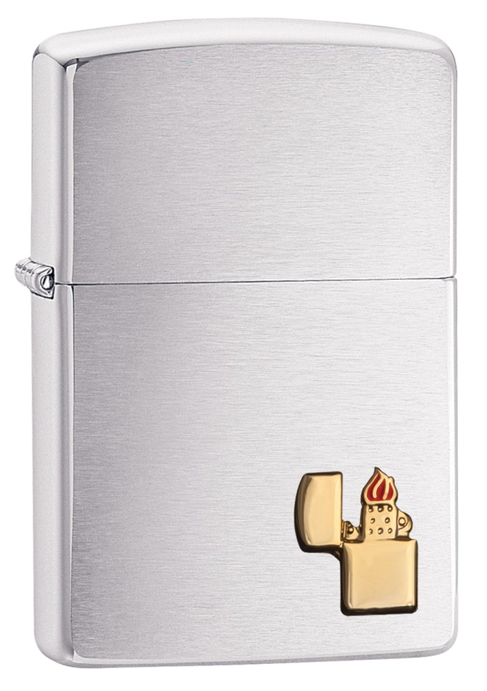 Front shot of Zippo Bejeweled Beetle Design High Polish Brass Windproof Lighter standing at a 3/4 angle.