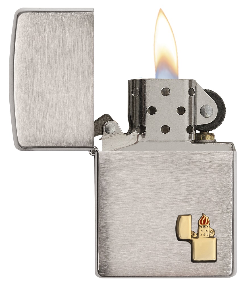 Front shot of Zippo Bejeweled Beetle Design High Polish Brass Windproof Lighter standing at a 3/4 angle.