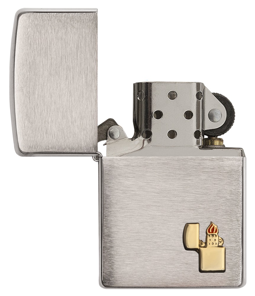Front shot of Zippo Bejeweled Beetle Design High Polish Brass Windproof Lighter standing at a 3/4 angle.