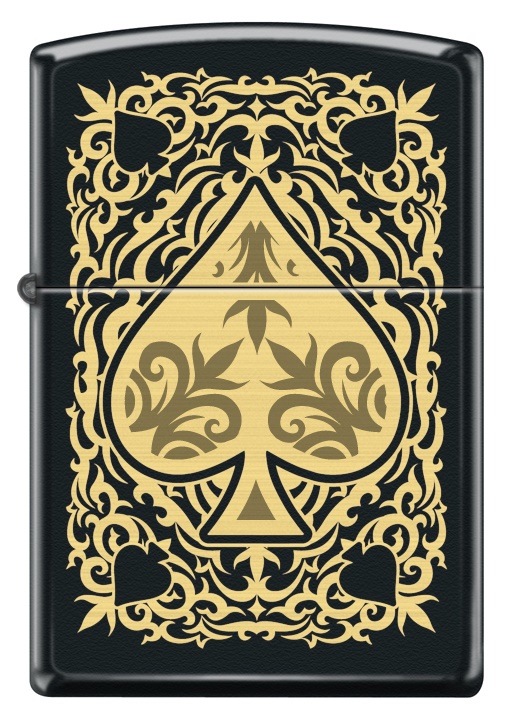 Front shot of Zippo Bejeweled Beetle Design High Polish Brass Windproof Lighter standing at a 3/4 angle.