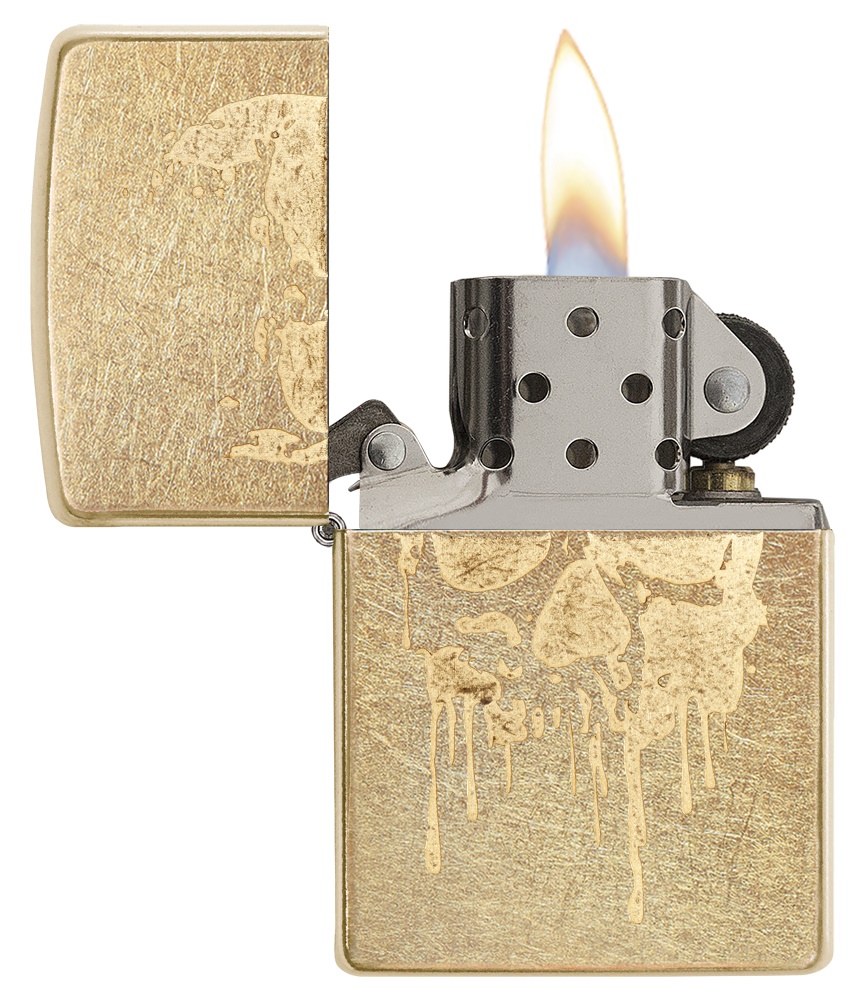 Front shot of Zippo Bejeweled Beetle Design High Polish Brass Windproof Lighter standing at a 3/4 angle.