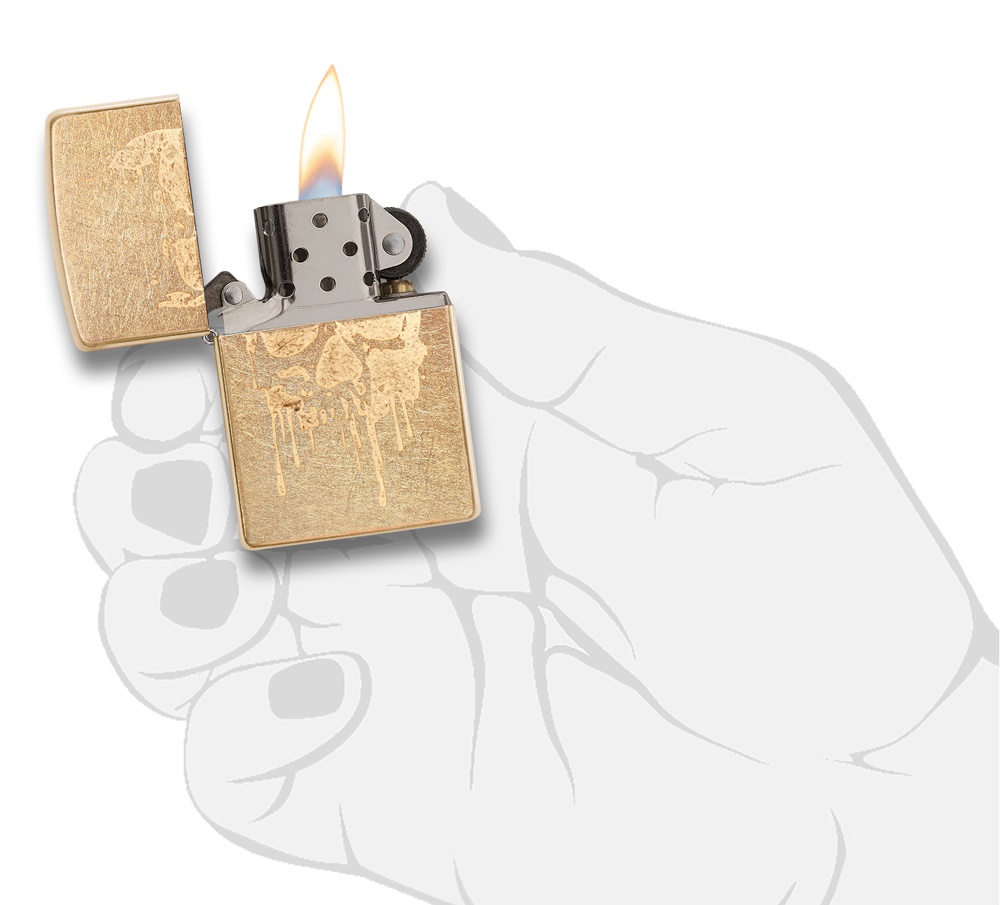 Front shot of Zippo Bejeweled Beetle Design High Polish Brass Windproof Lighter standing at a 3/4 angle.