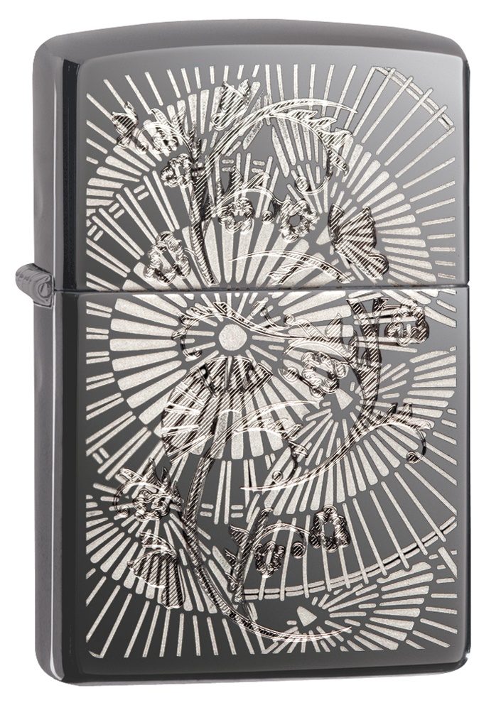 Front shot of Zippo Bejeweled Beetle Design High Polish Brass Windproof Lighter standing at a 3/4 angle.