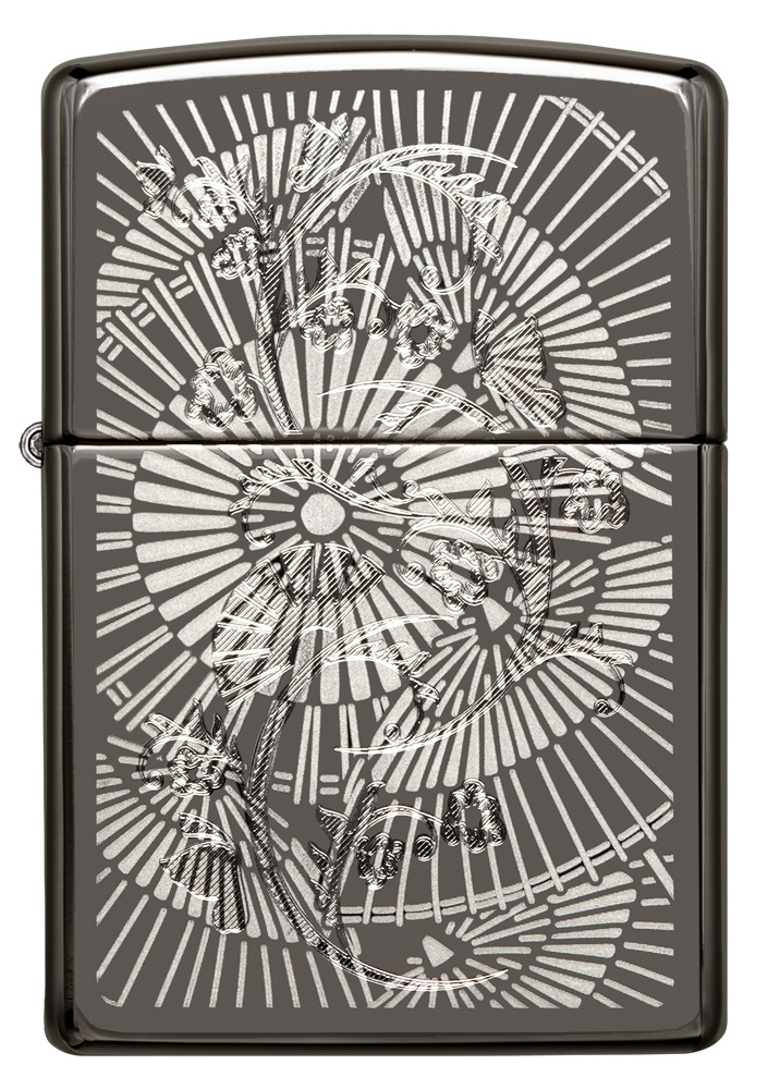 Front shot of Zippo Bejeweled Beetle Design High Polish Brass Windproof Lighter standing at a 3/4 angle.