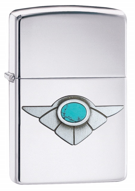 Front shot of Zippo Bejeweled Beetle Design High Polish Brass Windproof Lighter standing at a 3/4 angle.