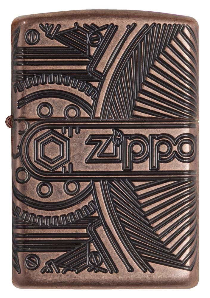 Front shot of Zippo Bejeweled Beetle Design High Polish Brass Windproof Lighter standing at a 3/4 angle.