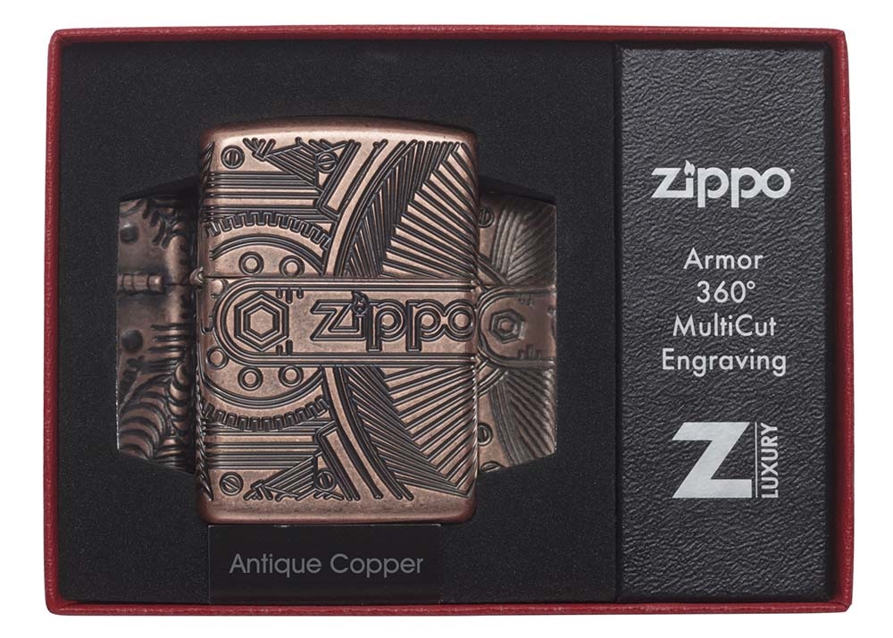 Front shot of Zippo Bejeweled Beetle Design High Polish Brass Windproof Lighter standing at a 3/4 angle.
