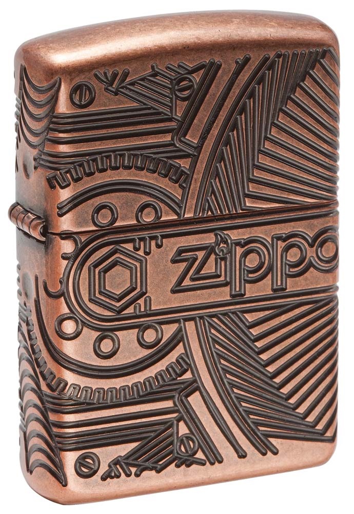 Front shot of Zippo Bejeweled Beetle Design High Polish Brass Windproof Lighter standing at a 3/4 angle.