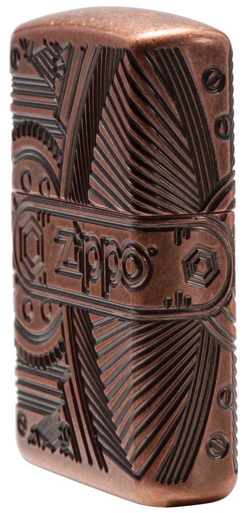 Front shot of Zippo Bejeweled Beetle Design High Polish Brass Windproof Lighter standing at a 3/4 angle.