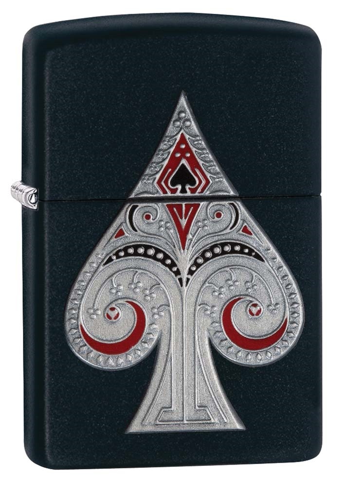 Front shot of Zippo Bejeweled Beetle Design High Polish Brass Windproof Lighter standing at a 3/4 angle.