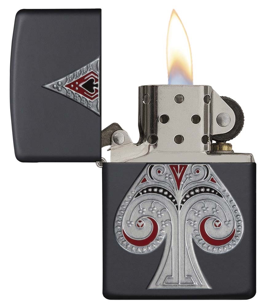Front shot of Zippo Bejeweled Beetle Design High Polish Brass Windproof Lighter standing at a 3/4 angle.
