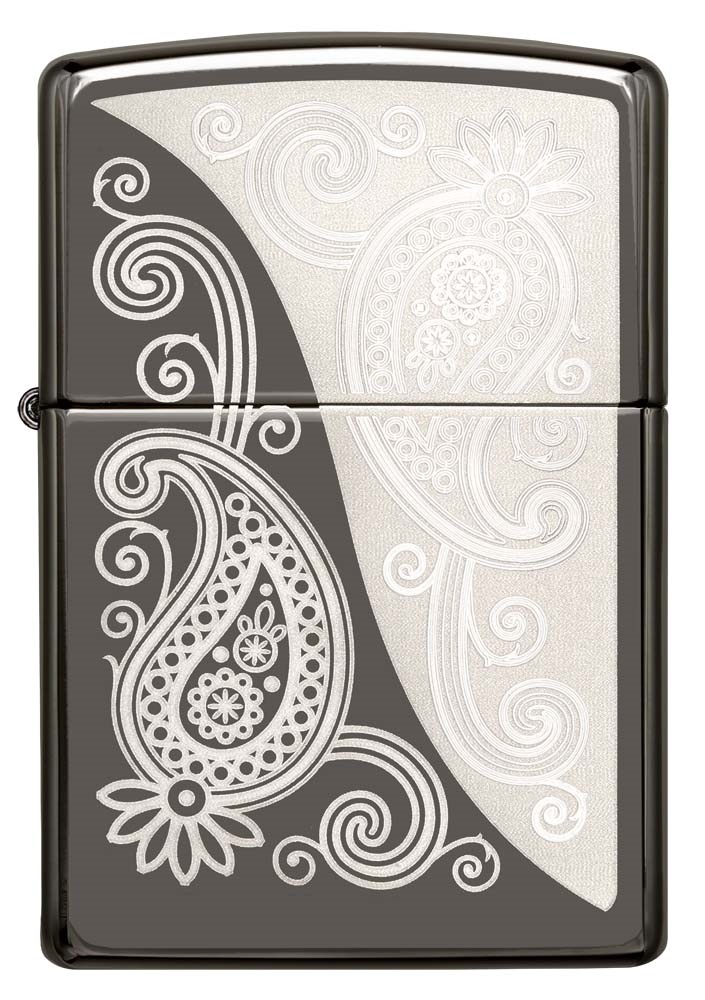 Front shot of Zippo Bejeweled Beetle Design High Polish Brass Windproof Lighter standing at a 3/4 angle.