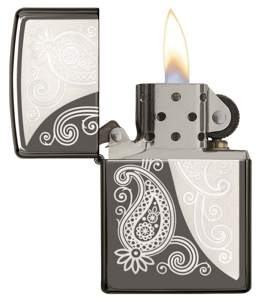 Front shot of Zippo Bejeweled Beetle Design High Polish Brass Windproof Lighter standing at a 3/4 angle.