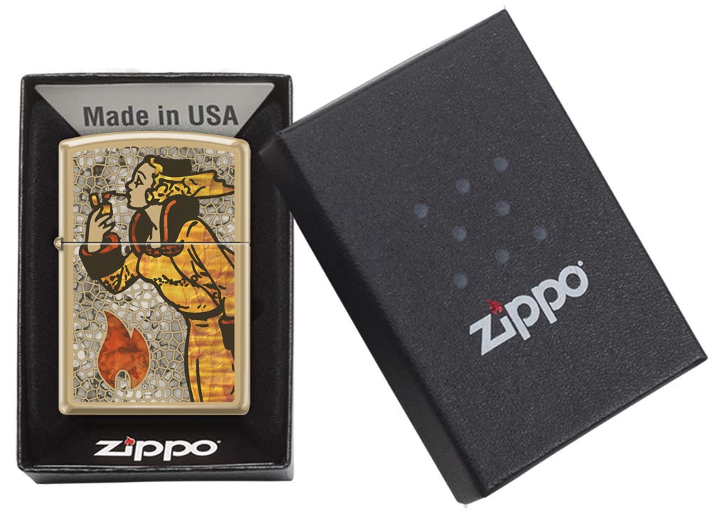 Front shot of Zippo Bejeweled Beetle Design High Polish Brass Windproof Lighter standing at a 3/4 angle.