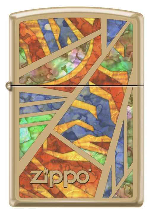 Front shot of Zippo Bejeweled Beetle Design High Polish Brass Windproof Lighter standing at a 3/4 angle.
