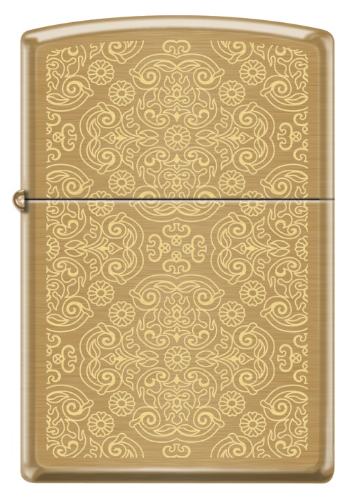 Front shot of Zippo Bejeweled Beetle Design High Polish Brass Windproof Lighter standing at a 3/4 angle.