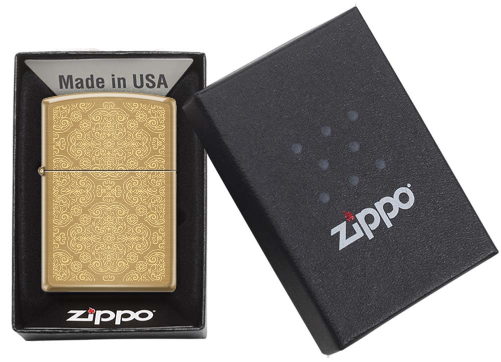 Front shot of Zippo Bejeweled Beetle Design High Polish Brass Windproof Lighter standing at a 3/4 angle.