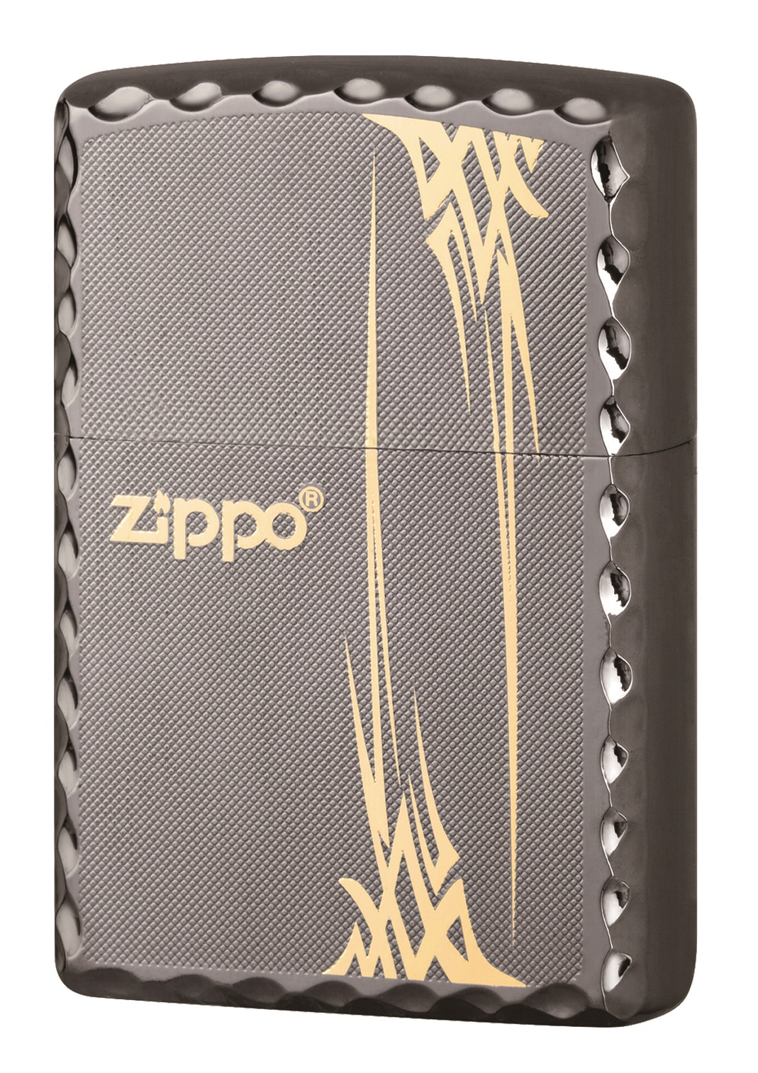 Front shot of Zippo Bejeweled Beetle Design High Polish Brass Windproof Lighter standing at a 3/4 angle.