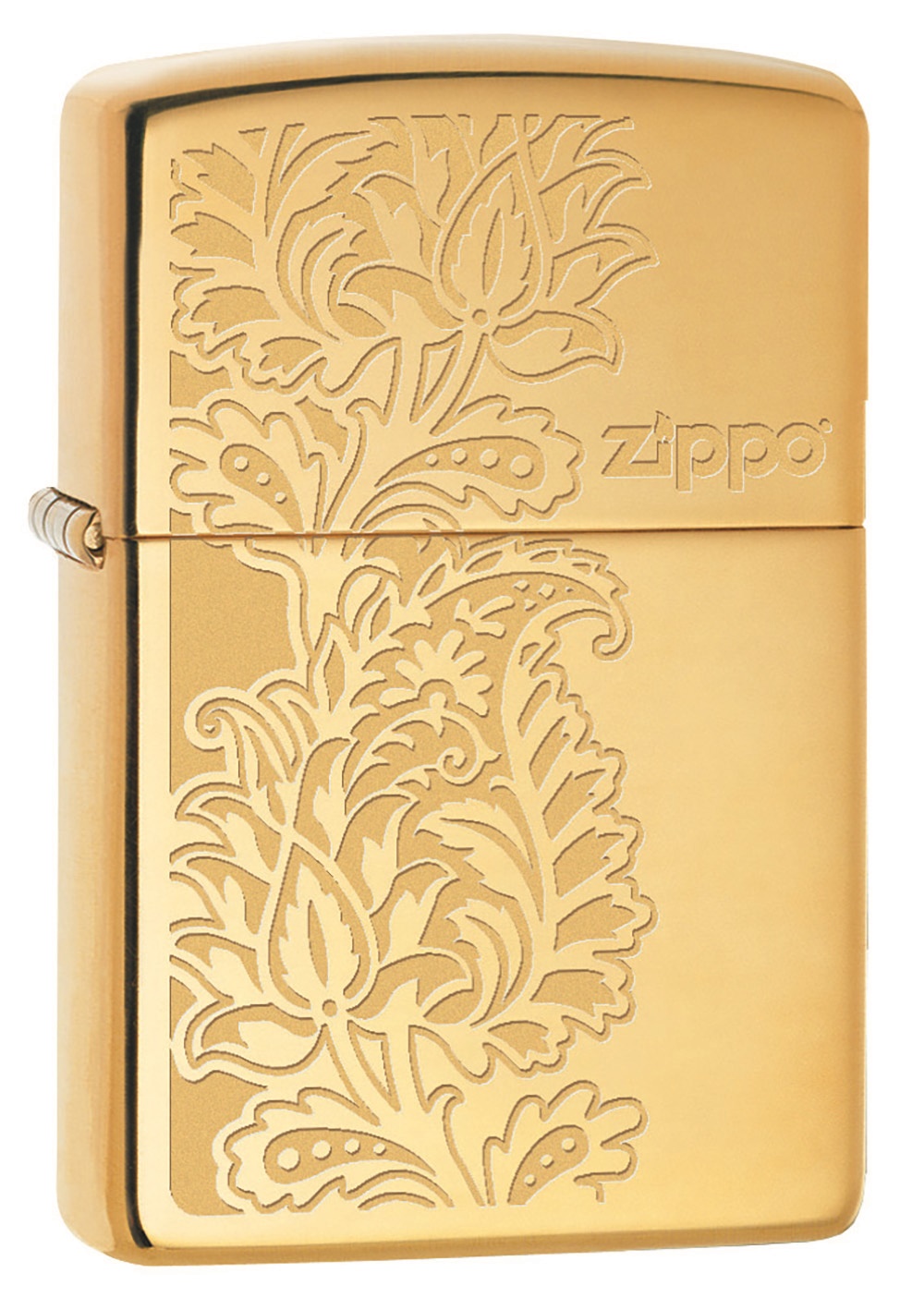 Front shot of Zippo Bejeweled Beetle Design High Polish Brass Windproof Lighter standing at a 3/4 angle.