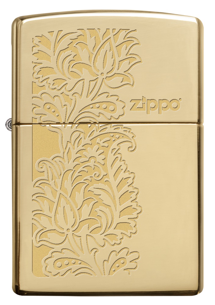 Front shot of Zippo Bejeweled Beetle Design High Polish Brass Windproof Lighter standing at a 3/4 angle.