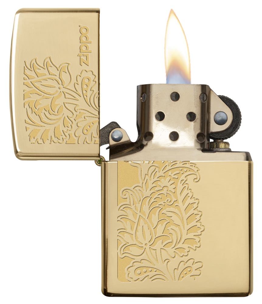 Front shot of Zippo Bejeweled Beetle Design High Polish Brass Windproof Lighter standing at a 3/4 angle.