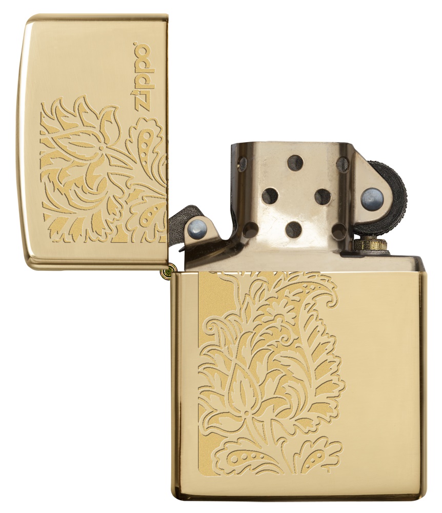 Front shot of Zippo Bejeweled Beetle Design High Polish Brass Windproof Lighter standing at a 3/4 angle.