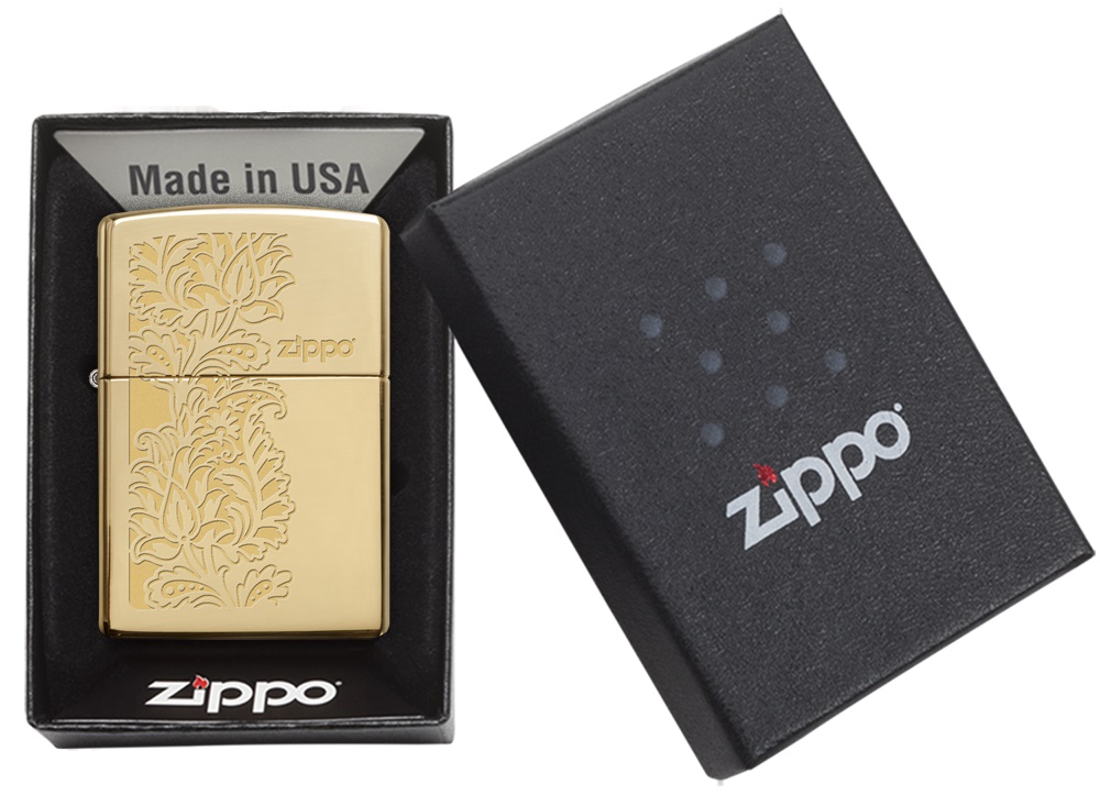 Front shot of Zippo Bejeweled Beetle Design High Polish Brass Windproof Lighter standing at a 3/4 angle.