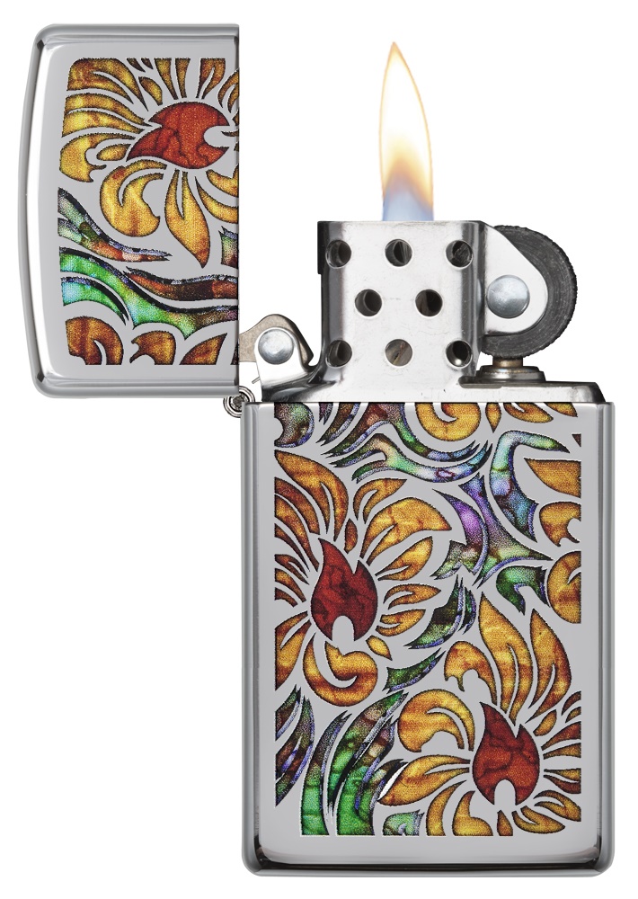 Front shot of Zippo Bejeweled Beetle Design High Polish Brass Windproof Lighter standing at a 3/4 angle.