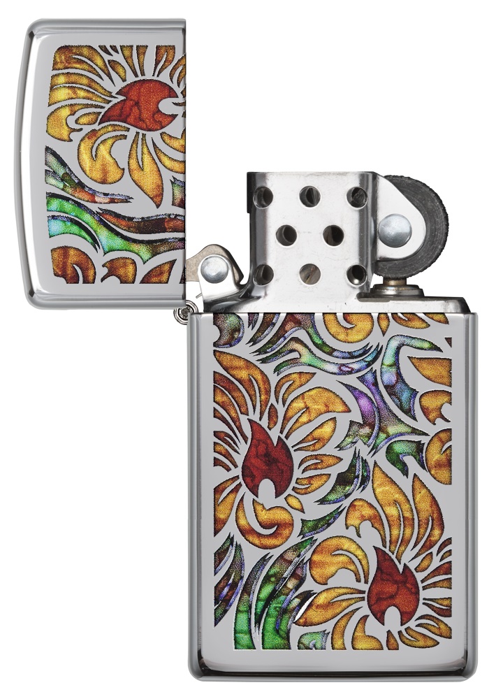 Front shot of Zippo Bejeweled Beetle Design High Polish Brass Windproof Lighter standing at a 3/4 angle.