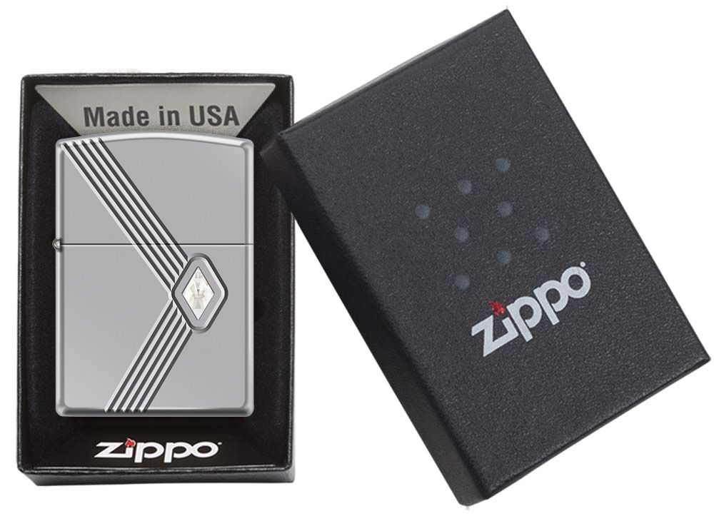 Front shot of Zippo Bejeweled Beetle Design High Polish Brass Windproof Lighter standing at a 3/4 angle.