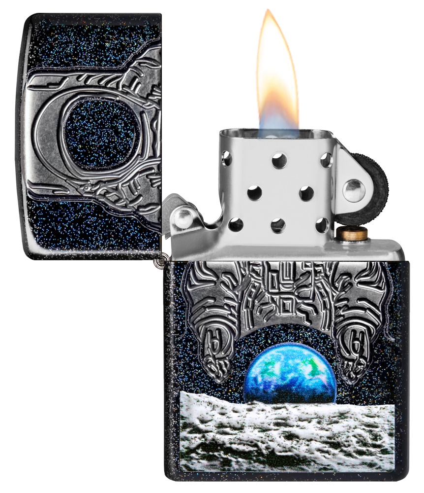 Front shot of Zippo Bejeweled Beetle Design High Polish Brass Windproof Lighter standing at a 3/4 angle.