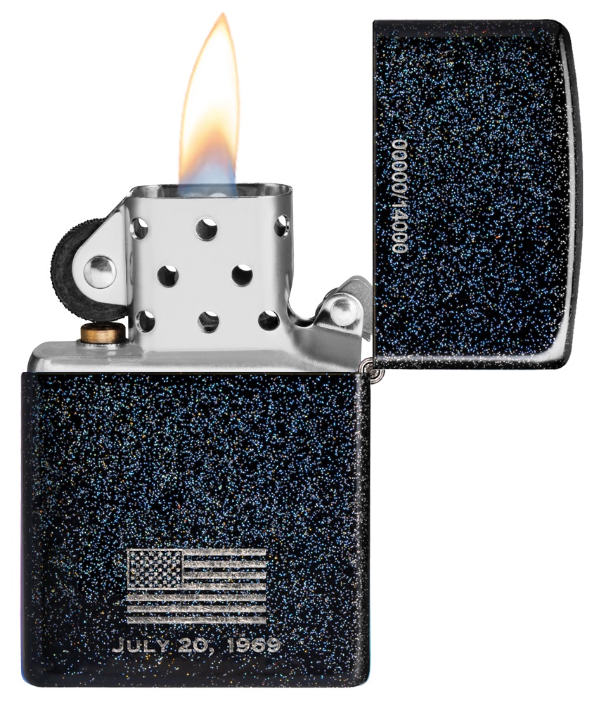 Front shot of Zippo Bejeweled Beetle Design High Polish Brass Windproof Lighter standing at a 3/4 angle.