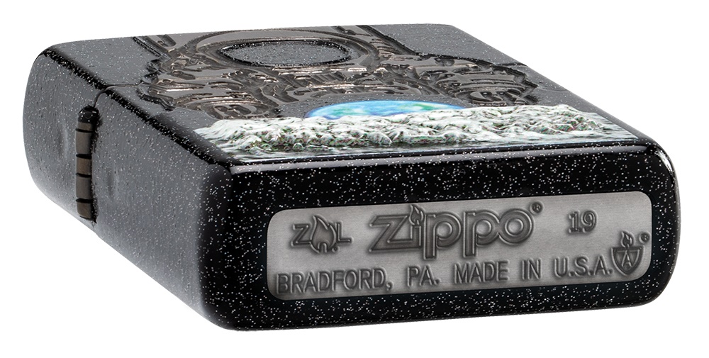 Front shot of Zippo Bejeweled Beetle Design High Polish Brass Windproof Lighter standing at a 3/4 angle.