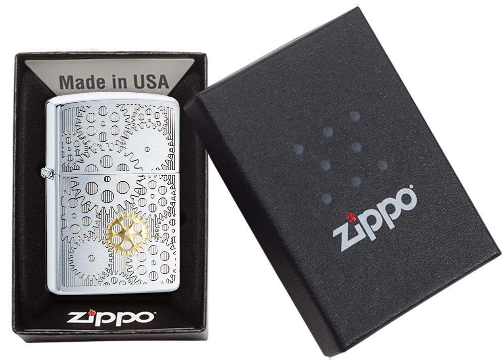 Front shot of Zippo Bejeweled Beetle Design High Polish Brass Windproof Lighter standing at a 3/4 angle.