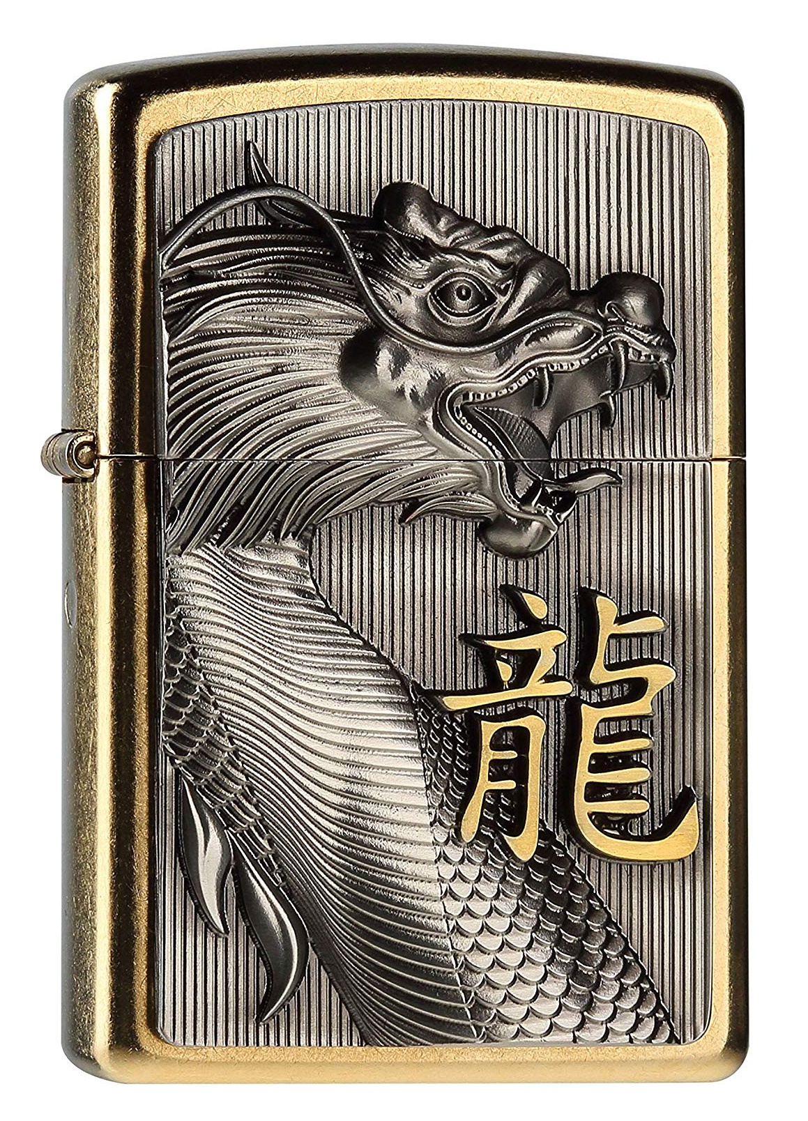 Front shot of Zippo Bejeweled Beetle Design High Polish Brass Windproof Lighter standing at a 3/4 angle.