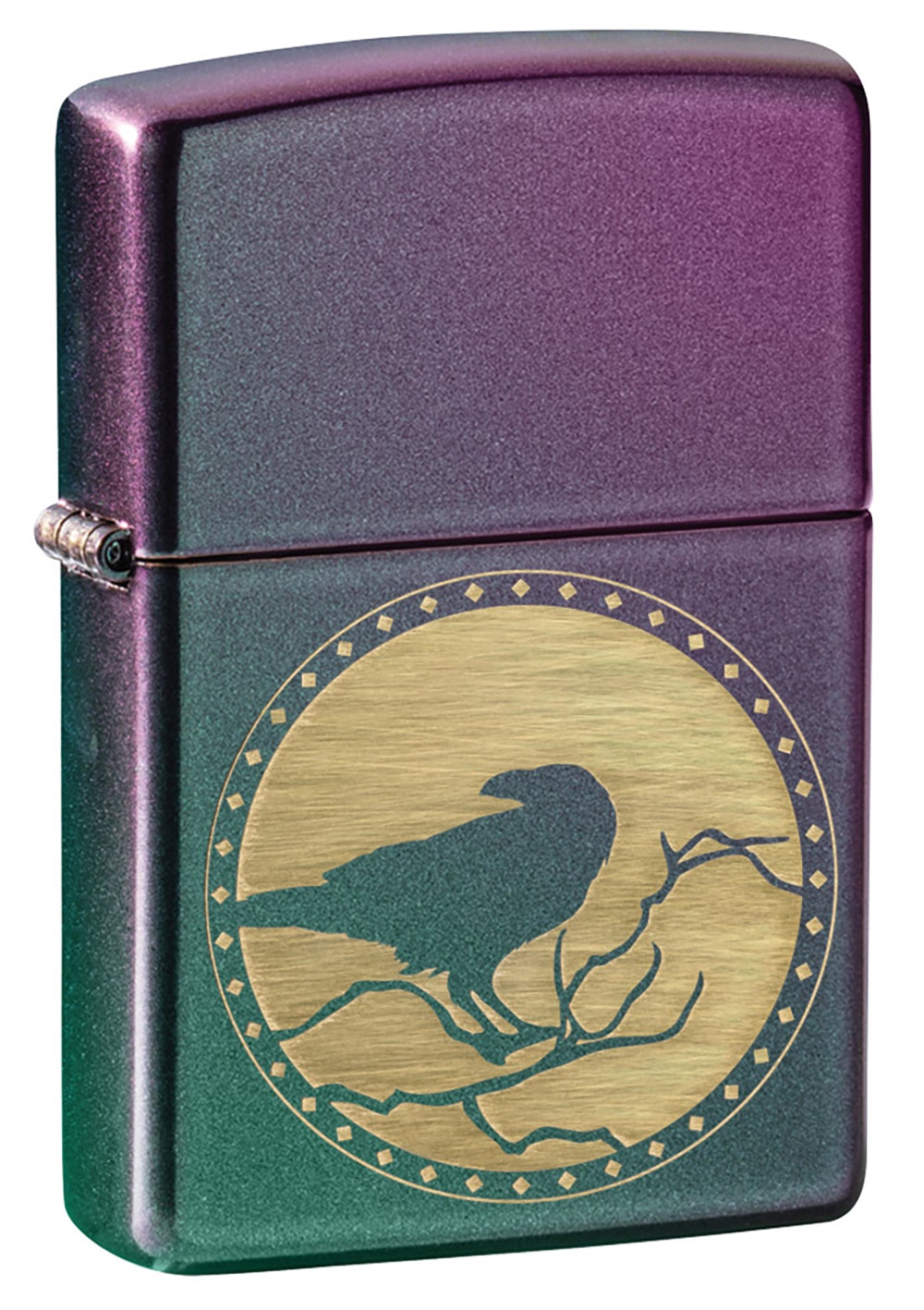 Front shot of Zippo Bejeweled Beetle Design High Polish Brass Windproof Lighter standing at a 3/4 angle.