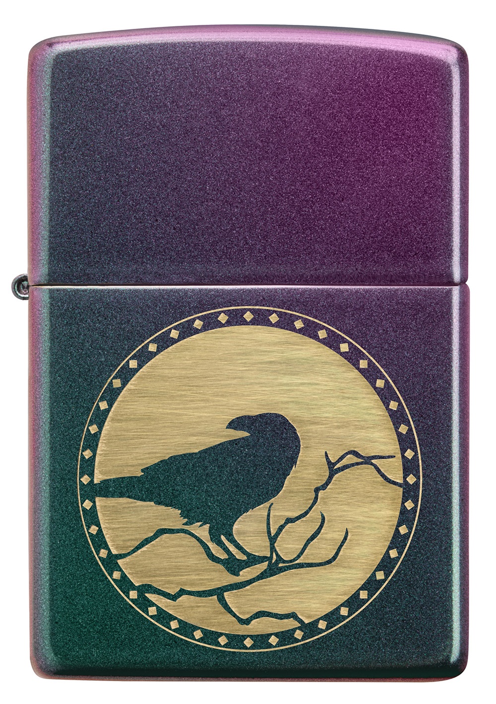 Front shot of Zippo Bejeweled Beetle Design High Polish Brass Windproof Lighter standing at a 3/4 angle.