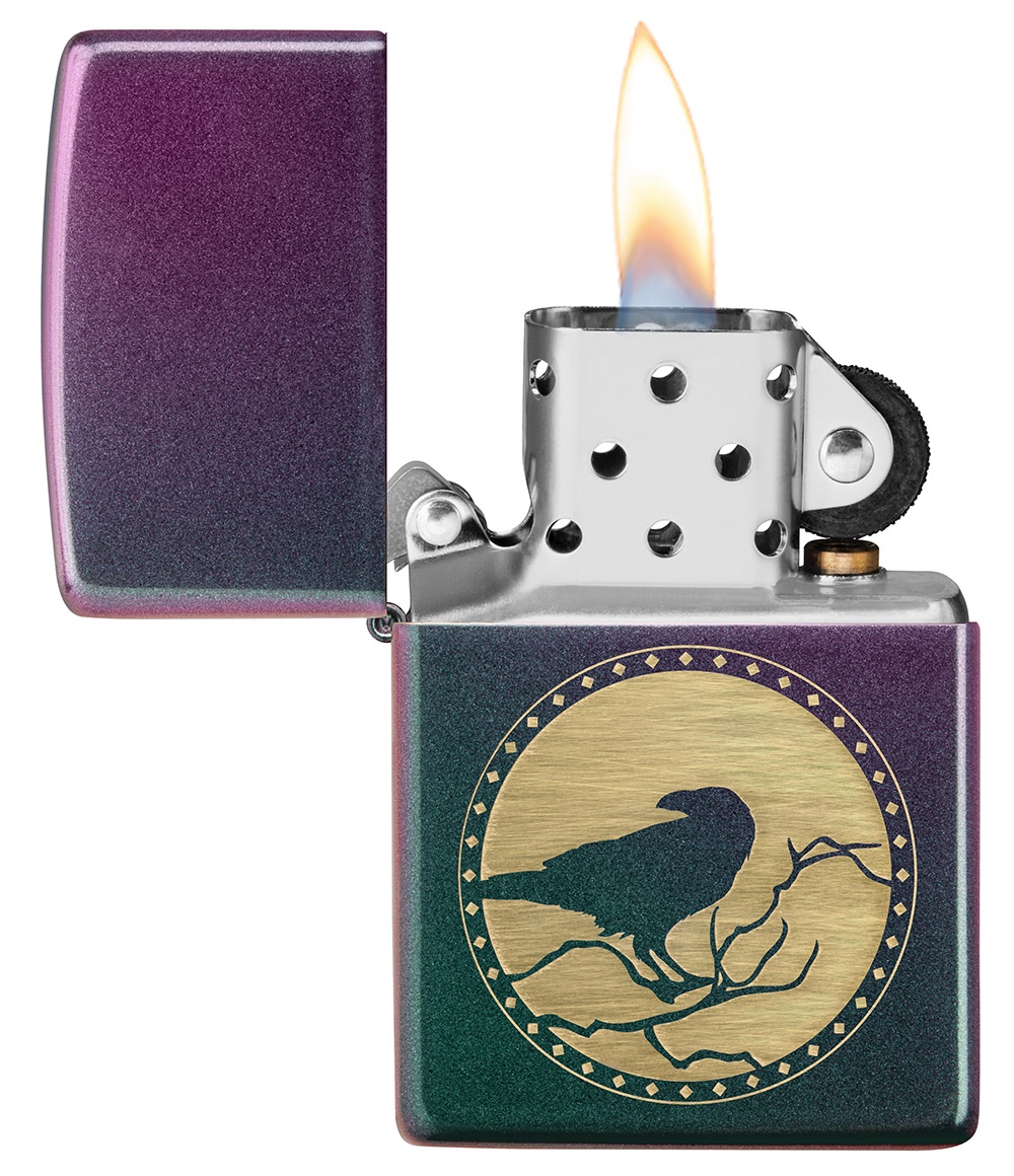 Front shot of Zippo Bejeweled Beetle Design High Polish Brass Windproof Lighter standing at a 3/4 angle.
