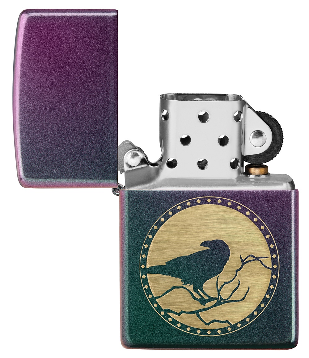 Front shot of Zippo Bejeweled Beetle Design High Polish Brass Windproof Lighter standing at a 3/4 angle.