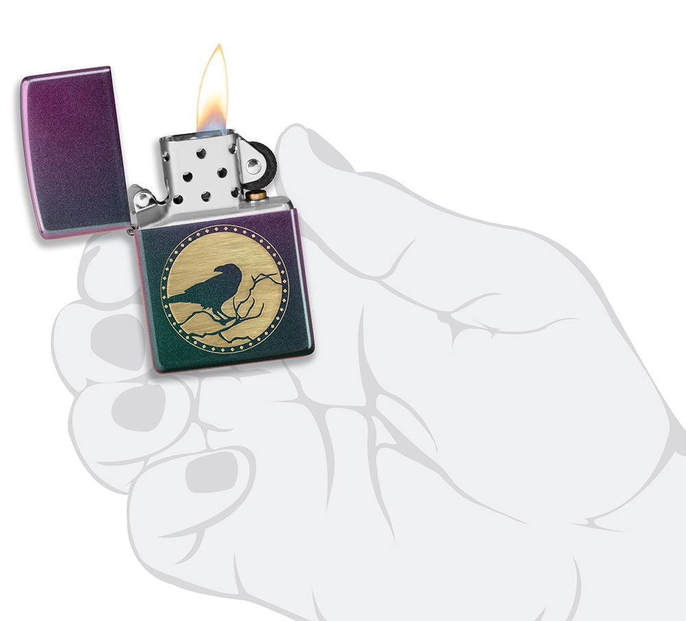 Front shot of Zippo Bejeweled Beetle Design High Polish Brass Windproof Lighter standing at a 3/4 angle.