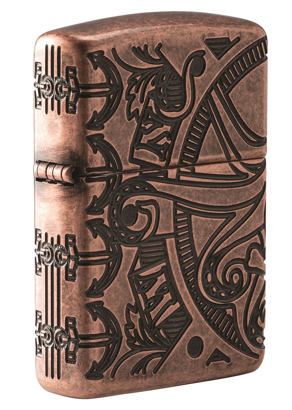 Front shot of Zippo Bejeweled Beetle Design High Polish Brass Windproof Lighter standing at a 3/4 angle.