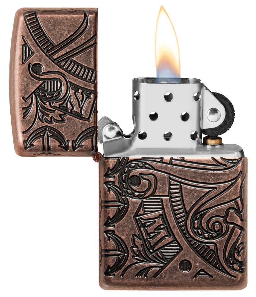 Front shot of Zippo Bejeweled Beetle Design High Polish Brass Windproof Lighter standing at a 3/4 angle.