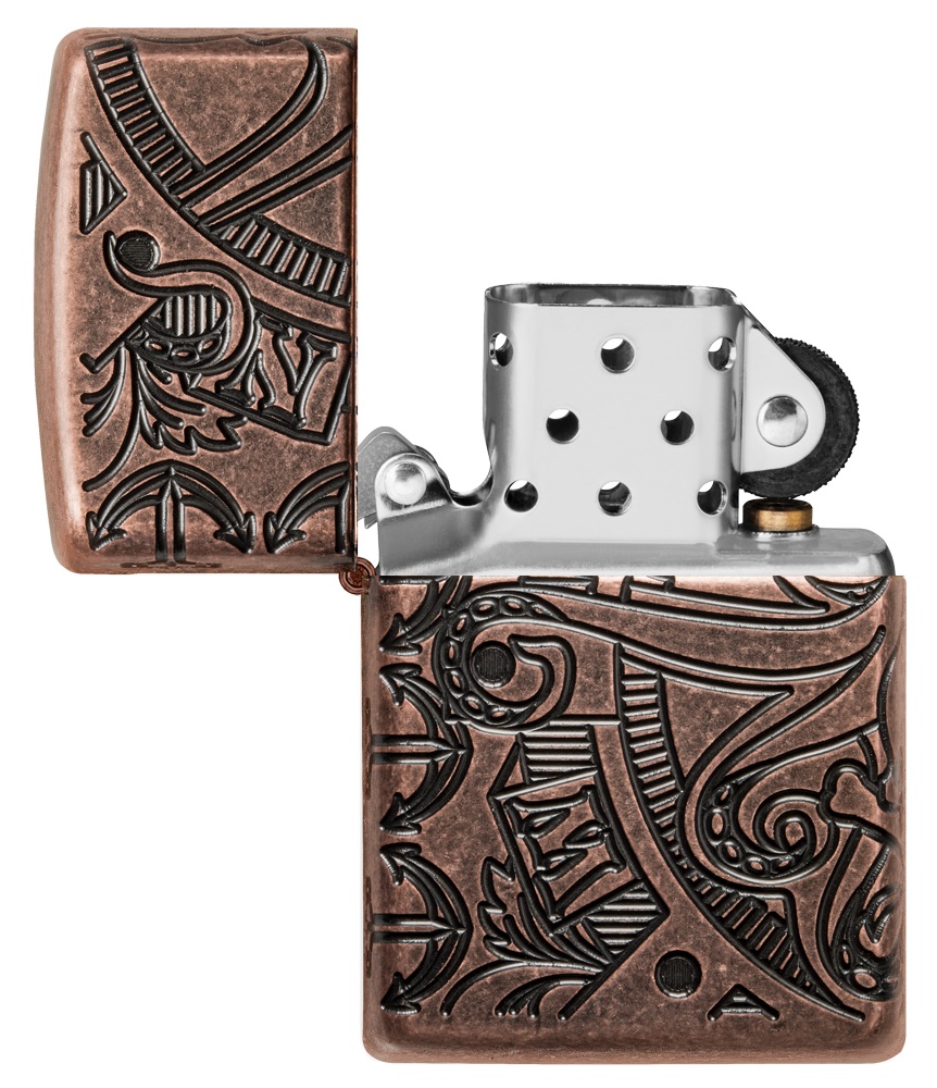 Front shot of Zippo Bejeweled Beetle Design High Polish Brass Windproof Lighter standing at a 3/4 angle.